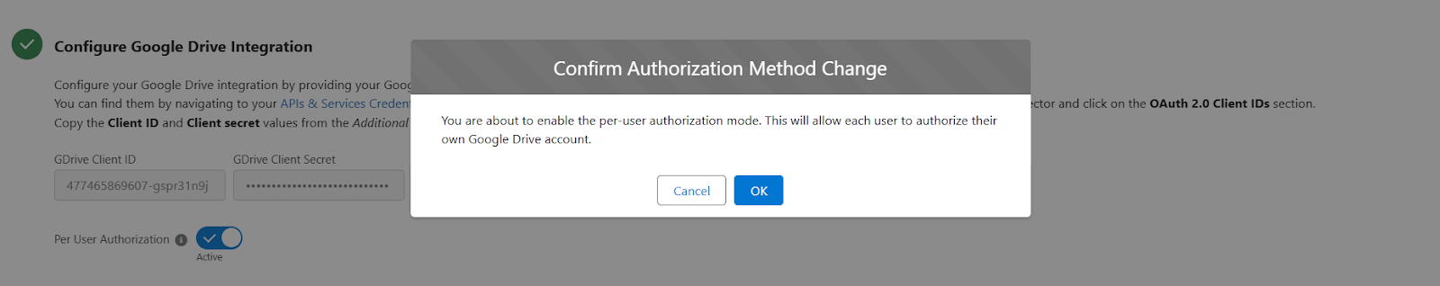 Authorization mode change modal