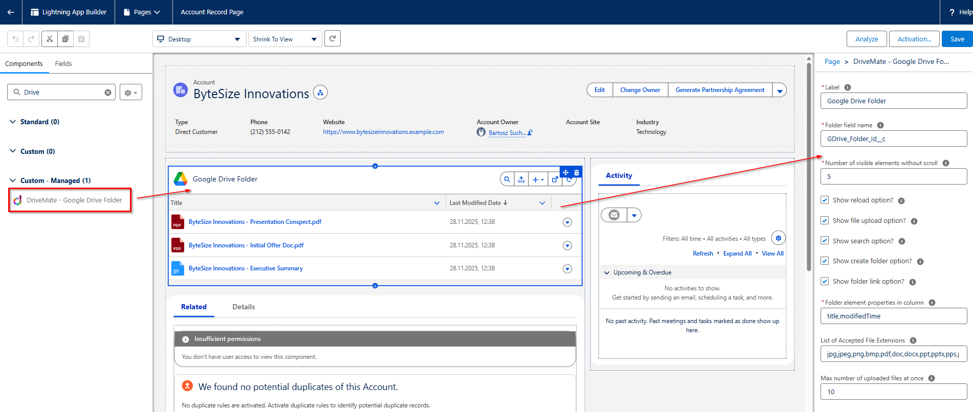DriveMate Google Drive Folder component configuration