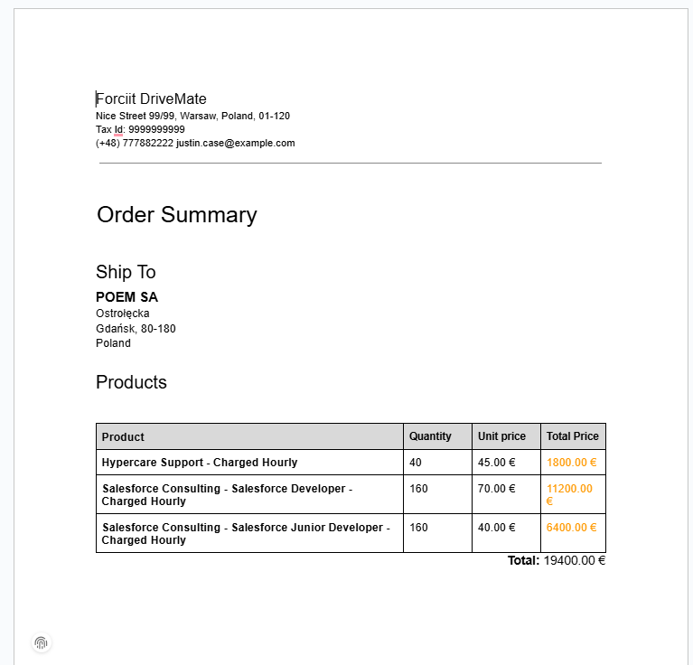Sample record table- based document - Order Summary