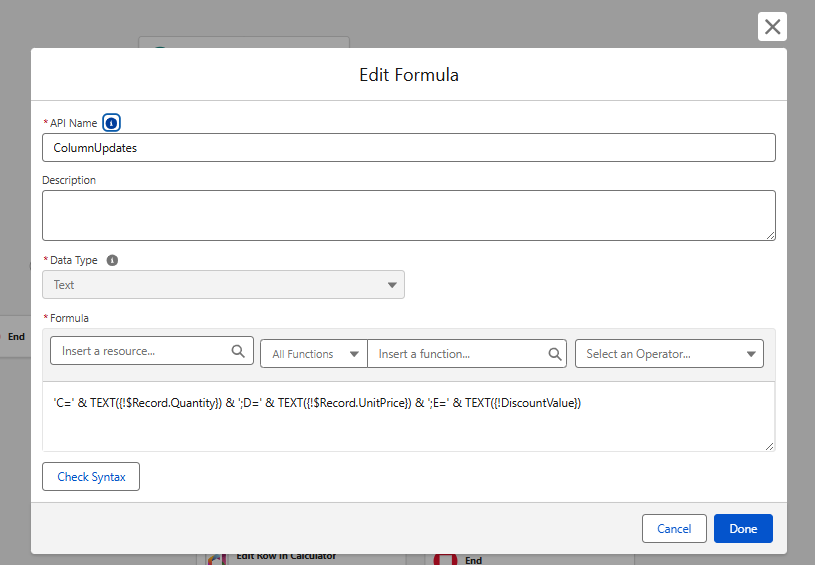 ColumnUpdates formula configuration