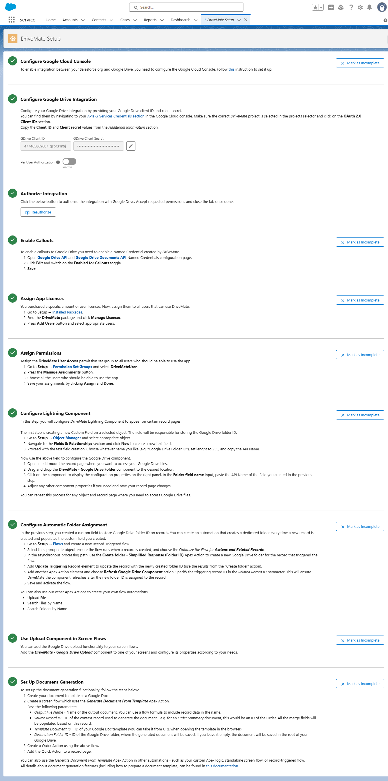 DriveMate Setup Page in Salesforce